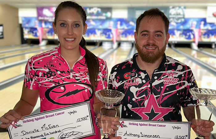 Danielle McEwan and Anthony Simonsen win the 2023 PBA/PWBA Striking Against Breast Cancer Mixed Doubles