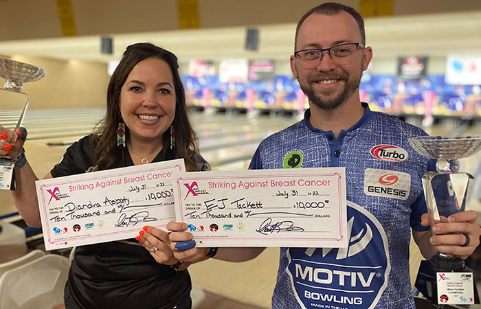 Diandra Asbaty and EJ Tackett win the 2022 PBA/PWBA Striking Against Breast Cancer Mixed Doubles